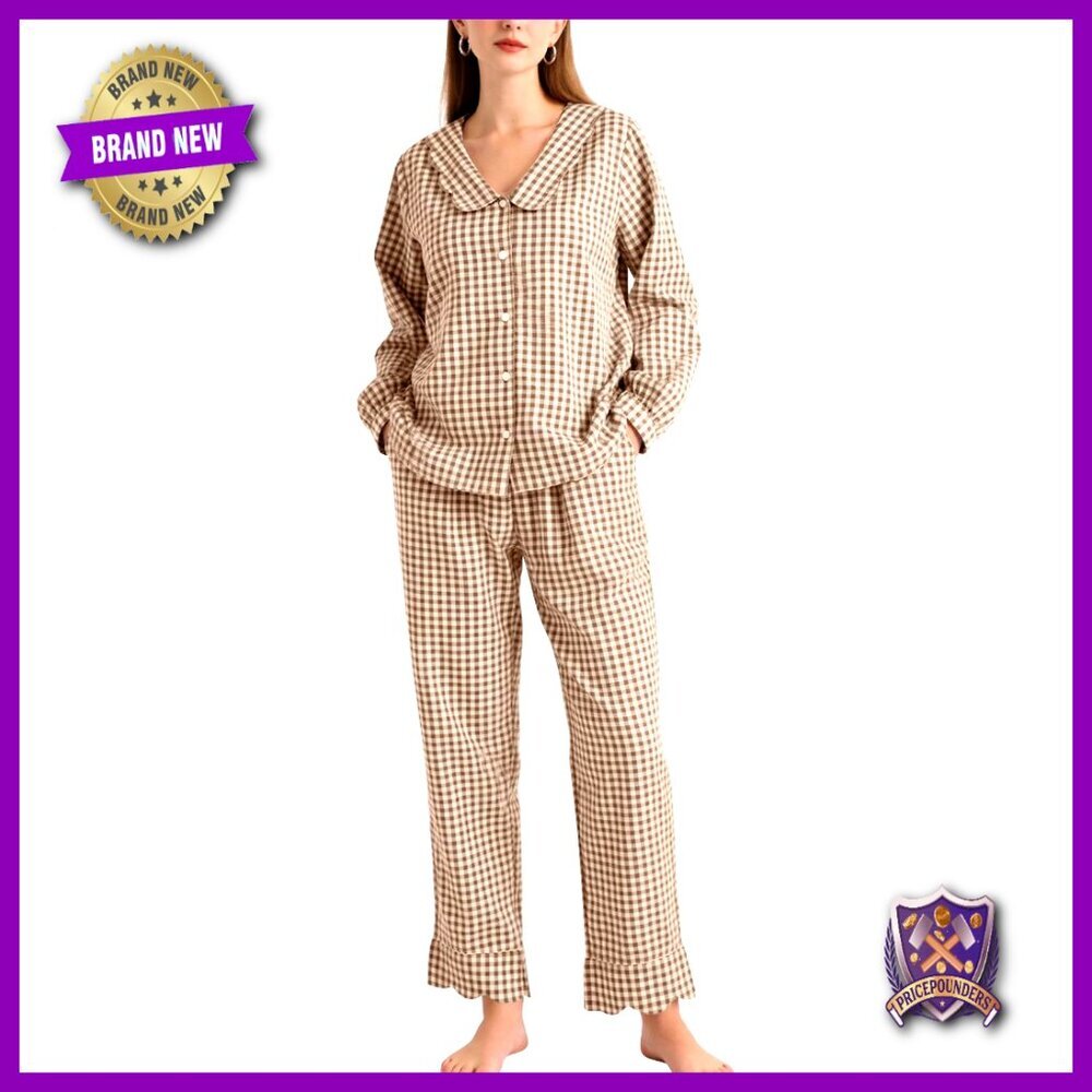 Women's Cotton Pajama Set Long Sleeve Button Down Shirt and Pants Lounge